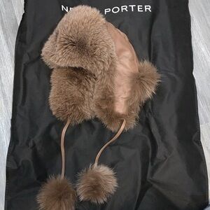 TAN COLOR REAL FOX Fur and genuine leather Trapper Hat with Pom Poms